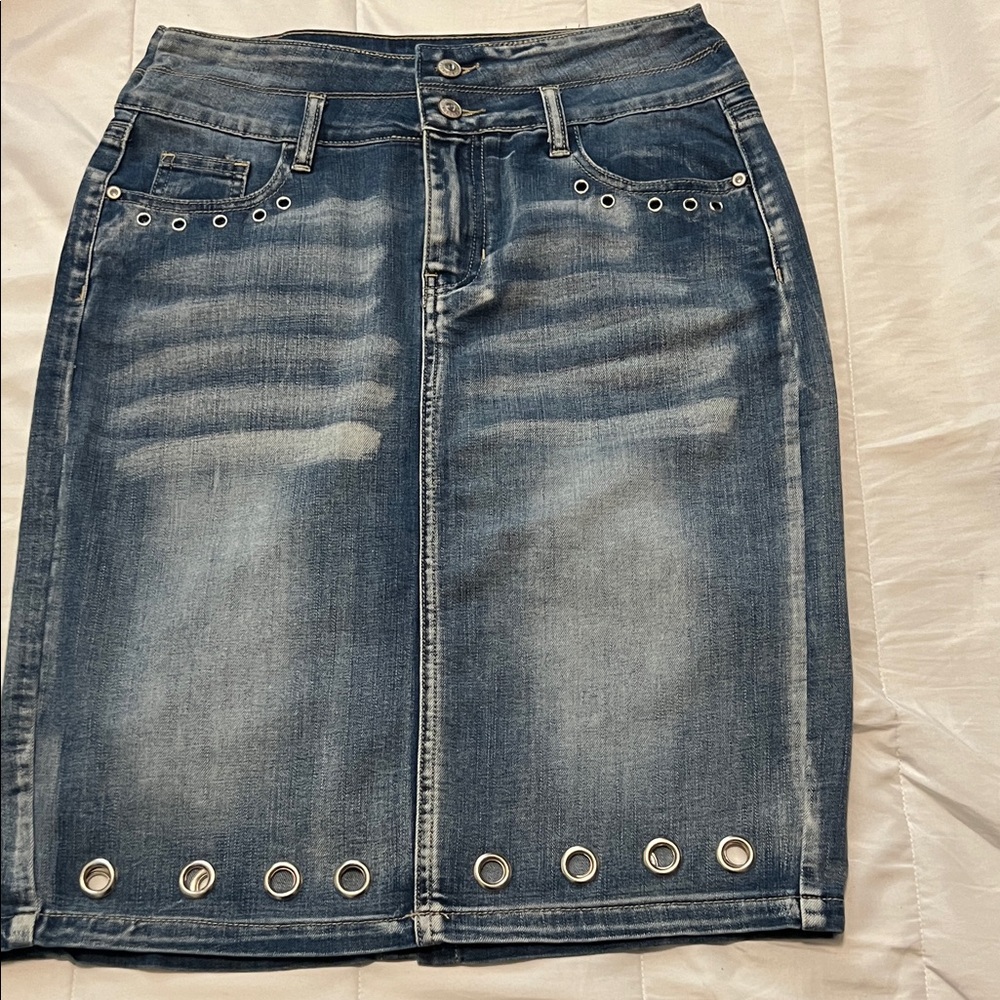 Hydraulic Blue Denim Pencil Skirt with Silver Eyelets